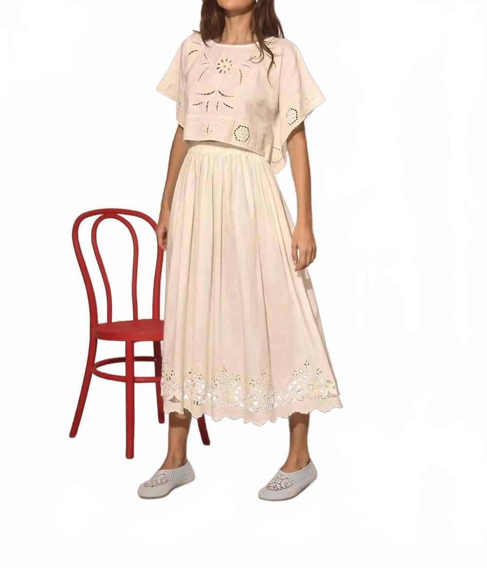 NEW HUNTER BELL tatum eyelet elastic waist midi skirt in white